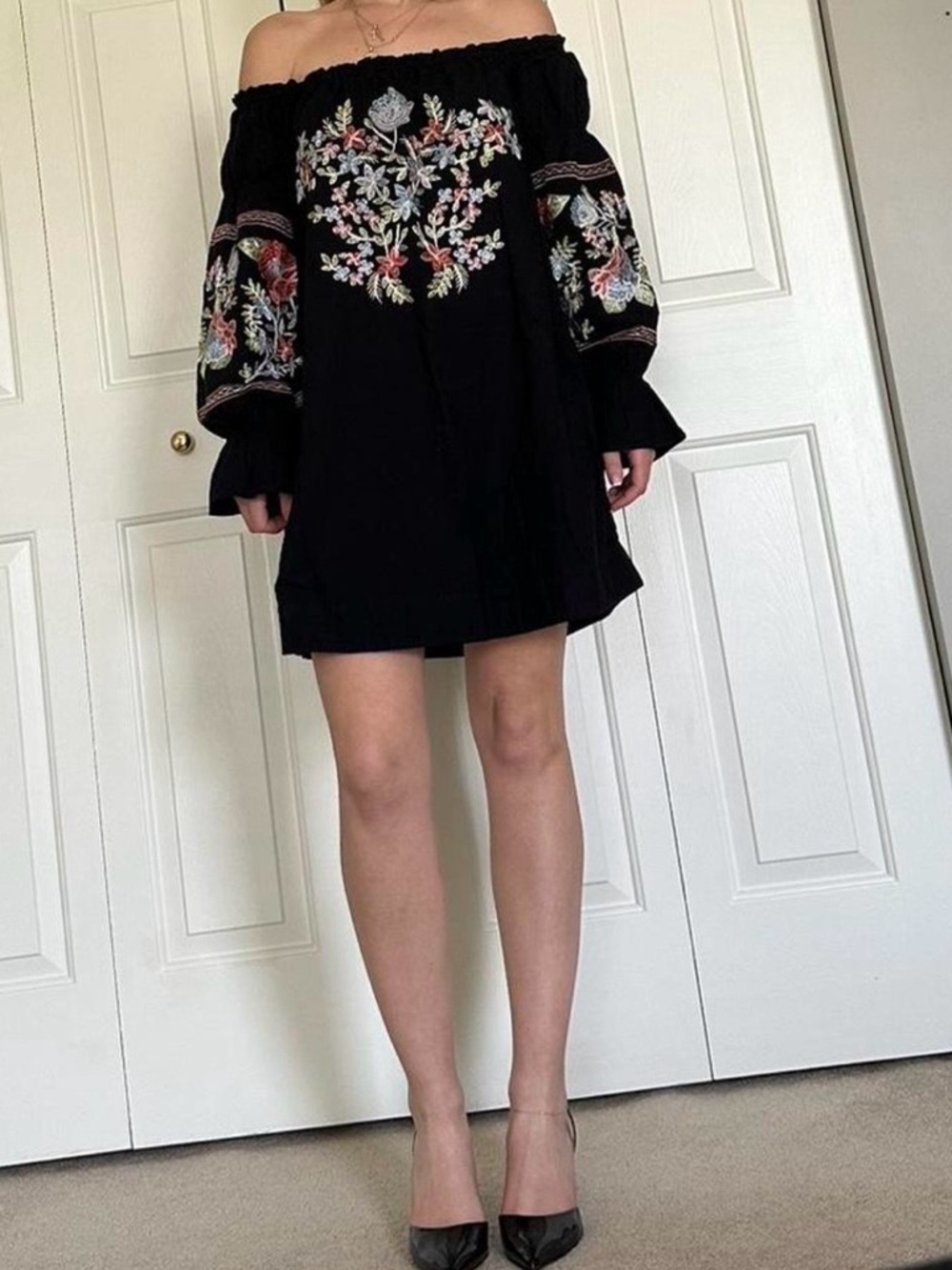 Free People Black Off-Shoulder Embroidered Mini Dress